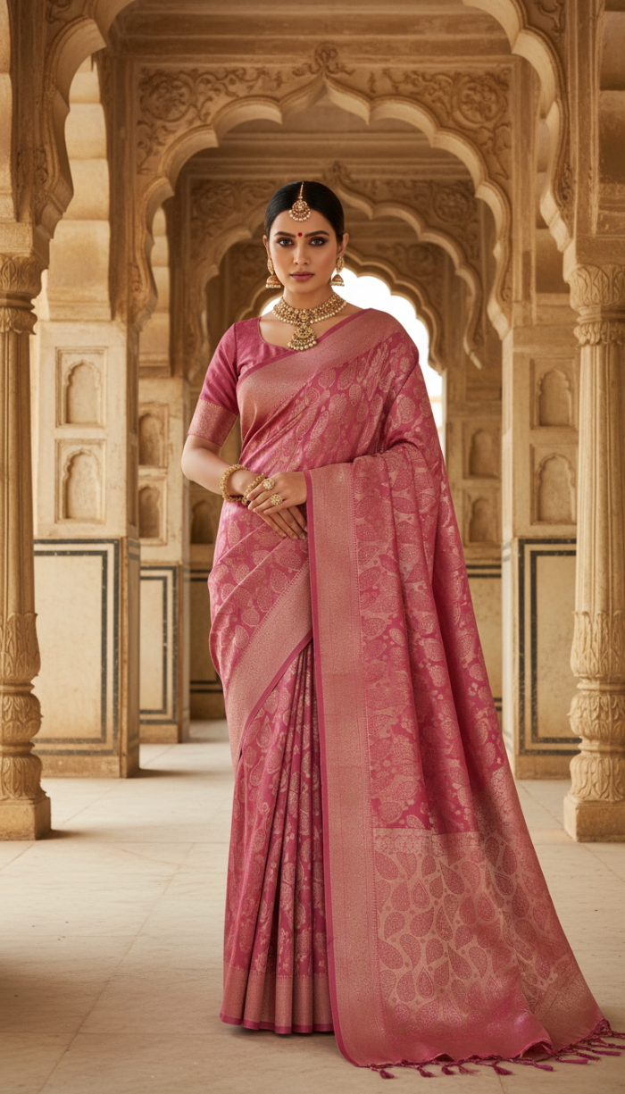 Pure Tissue Silk Saree Blush Pink with Golden Shine