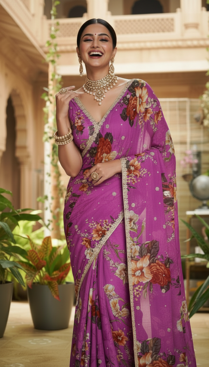 Pure Chinon Crepe Purple Silk saree
