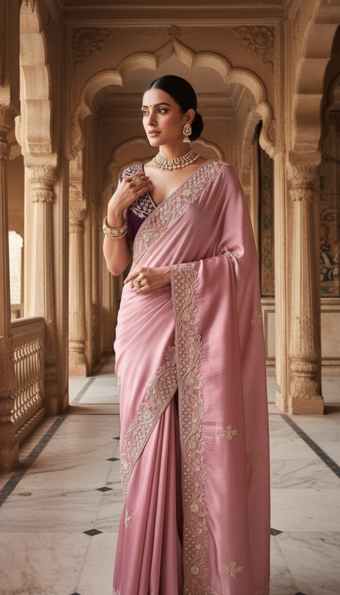 Rose Gold Premium Banarasi Zari Tissue Silk Sari