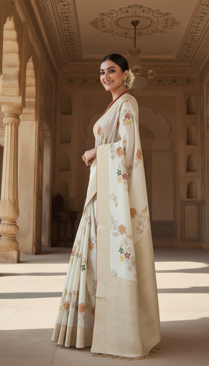 Moonga Crape Saree Silver Meenakari Floral Patterns