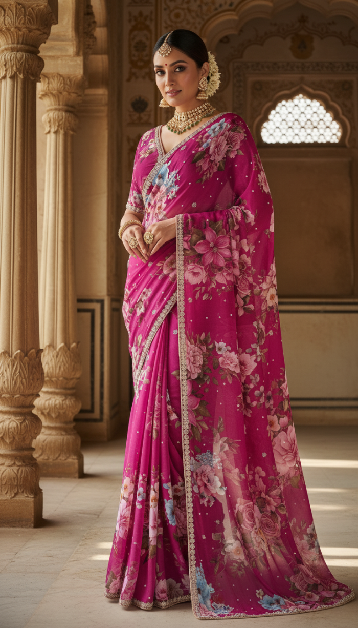 Pure Chinon Crepe Maroon Silk Saree