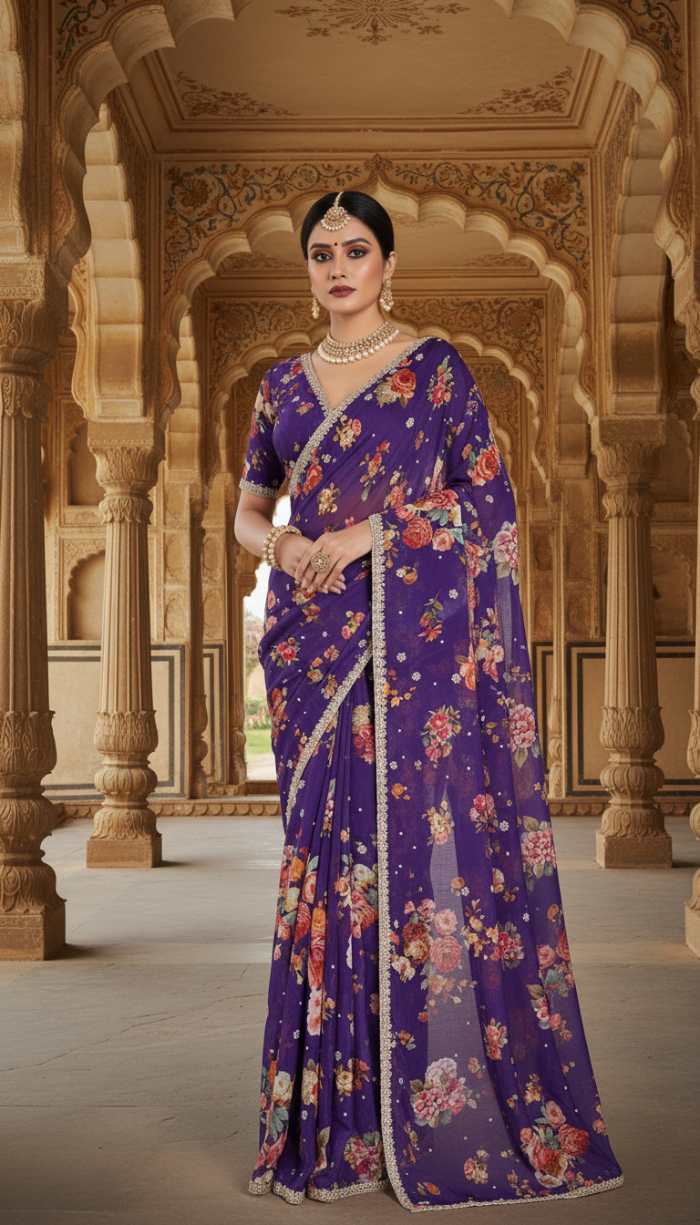 Pure Chinon Crepe Lavender Silk Saree