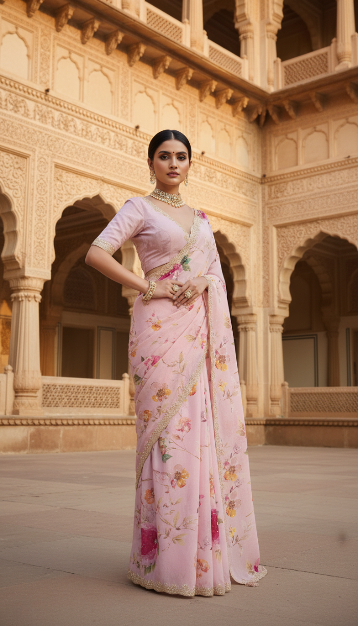 Pure Pink Chinnon Crepe Saree