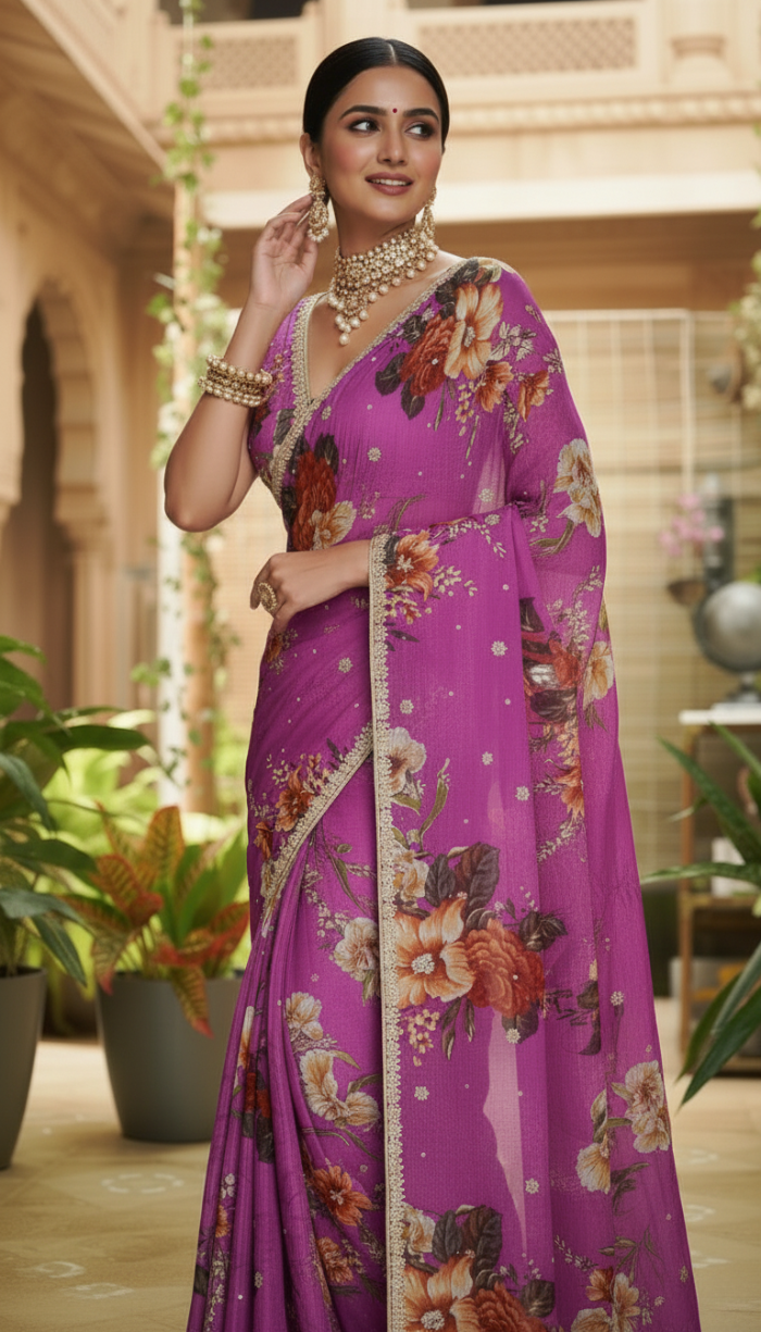 Pure Chinon Crepe Purple Silk saree