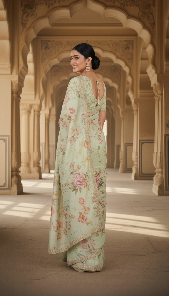 Pure Cream Chinnon Crepe Saree