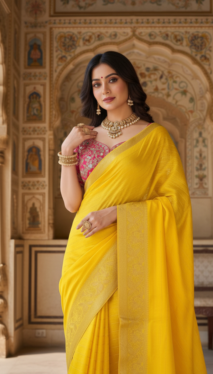 Moonga Tussar Crape Yellow Saree