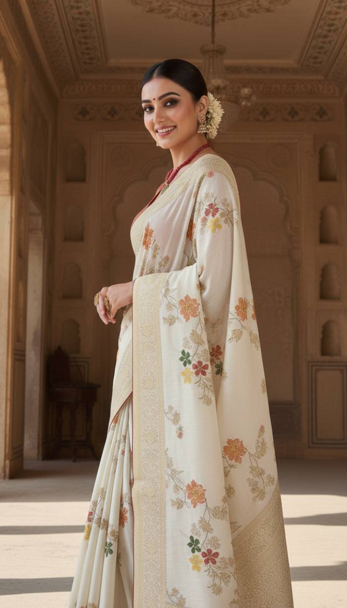 Moonga Crape Saree Silver Meenakari Floral Patterns