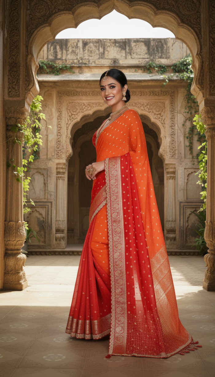 Pure Red Chinon Silk Saree