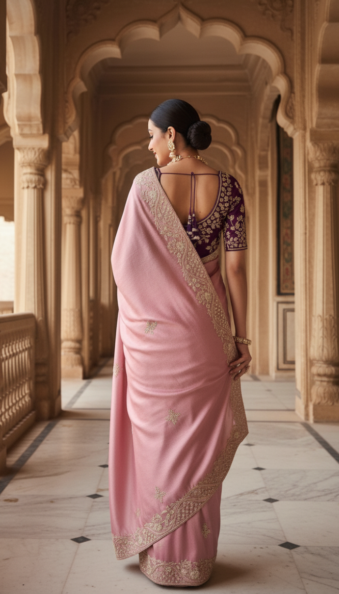 Rose Gold Premium Banarasi Zari Tissue Silk Sari