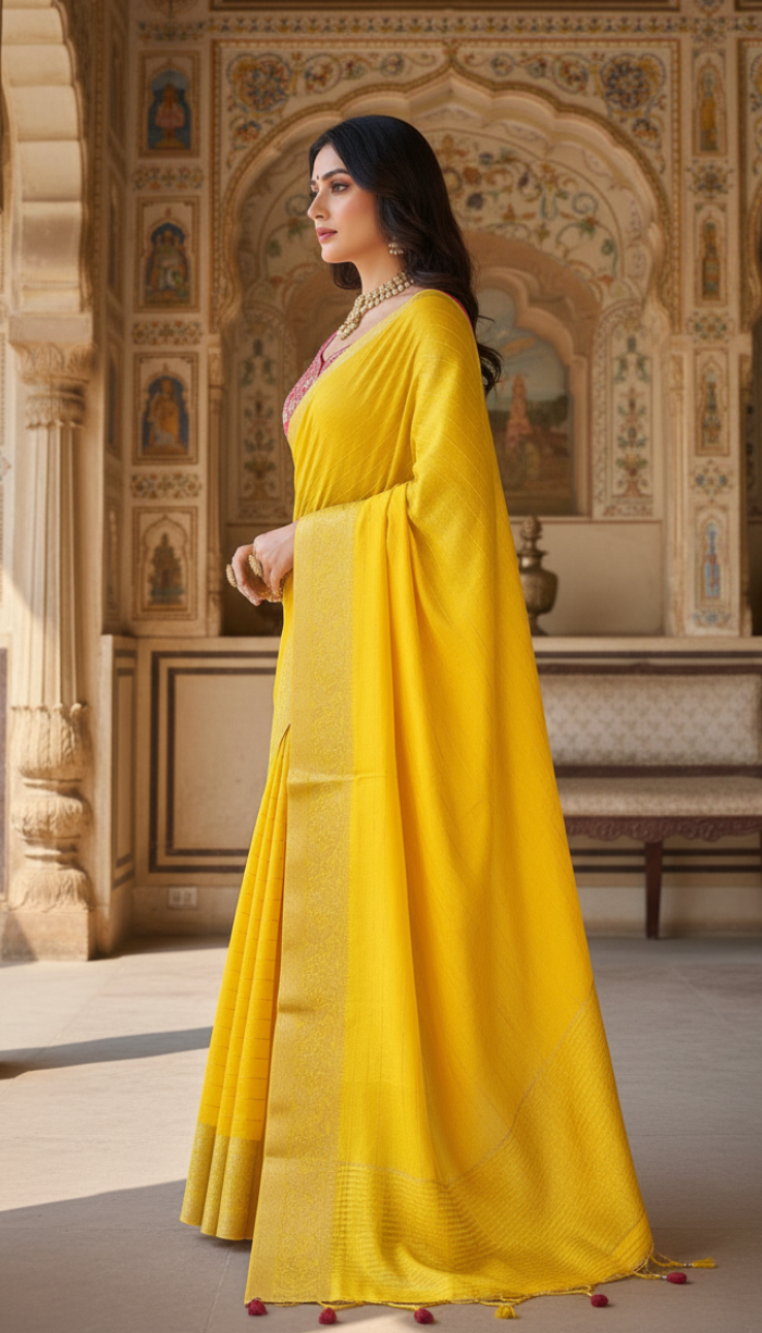 Moonga Tussar Crape Yellow Saree