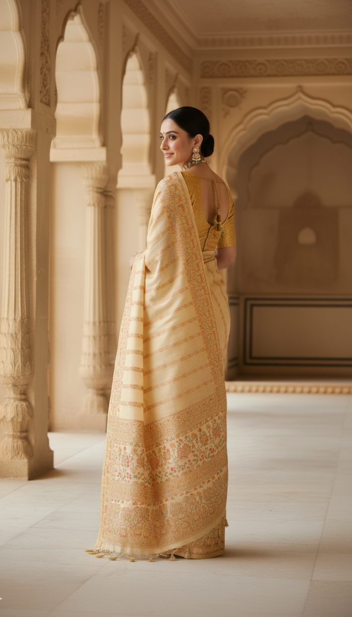 Pure Satin Organza Golden Cream Silk Saree