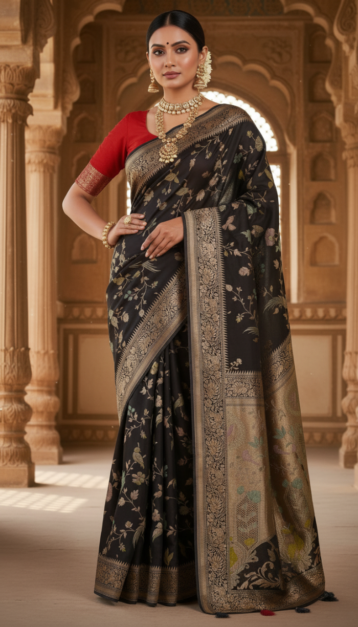 Pure Mashru Black Silk Saree
