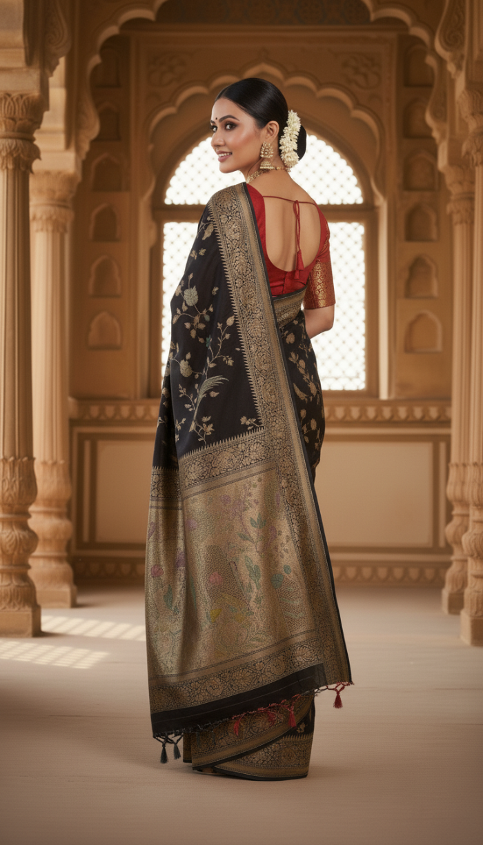 Pure Mashru Black Silk Saree