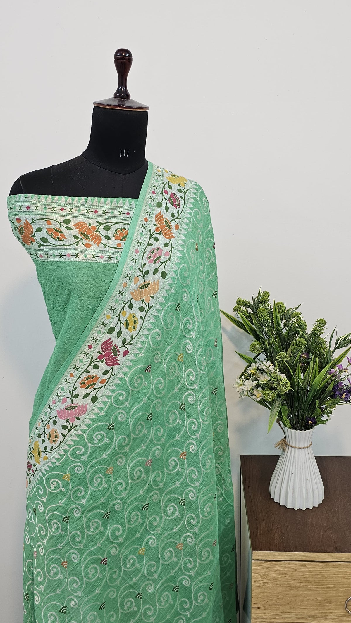 Handwoven Pure Tusser Ocean Green Georgette Khadi Saree