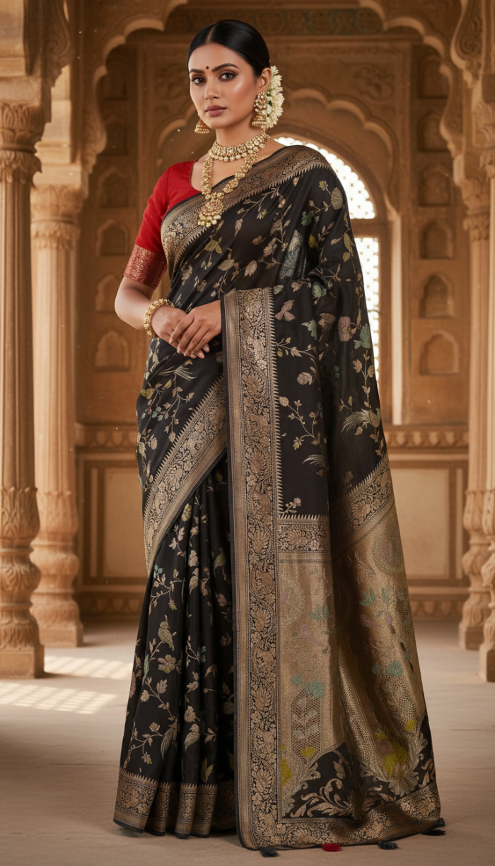 Pure Mashru Black Silk Saree