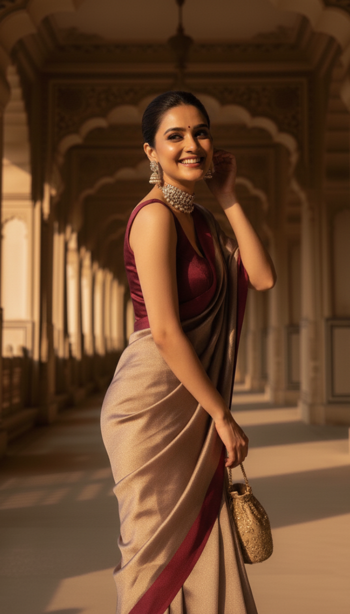 Banarsi Handloom Pure Tissue Silk Satin Maroon Border Saree