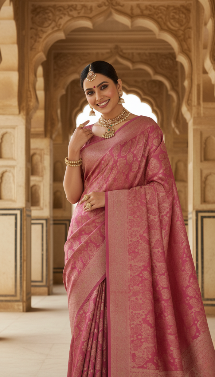 Pure Tissue Silk Saree Blush Pink with Golden Shine