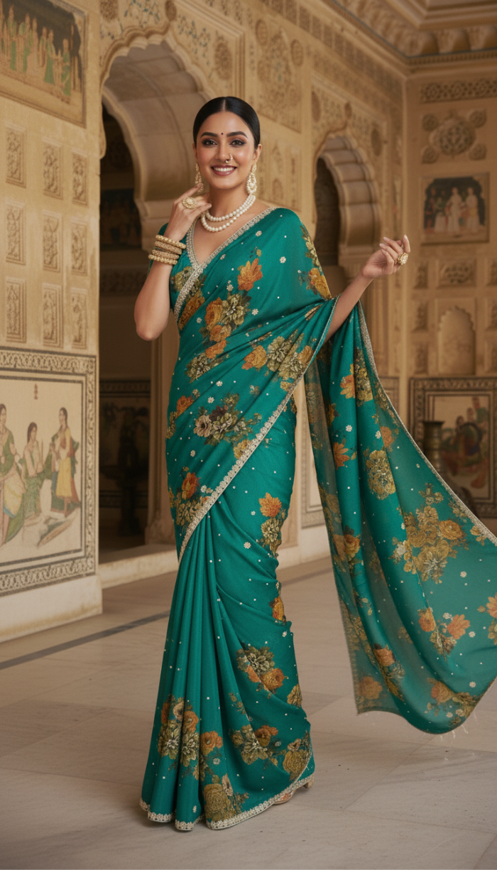 Pure Chinon Crepe Green Silk Saree