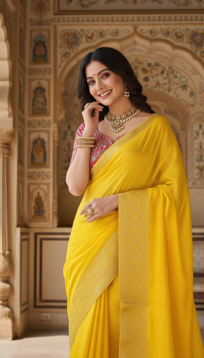 Moonga Tussar Crape Yellow Saree