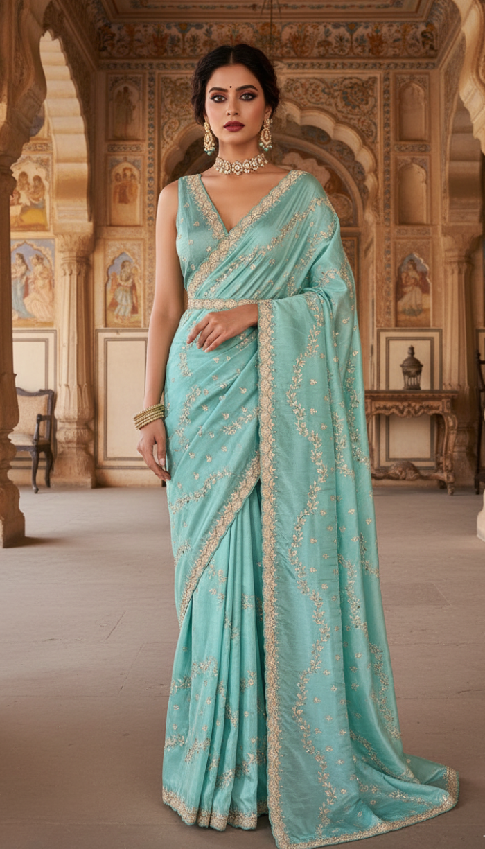 Sea Green Banarasi Zari Tissue Silk Saree