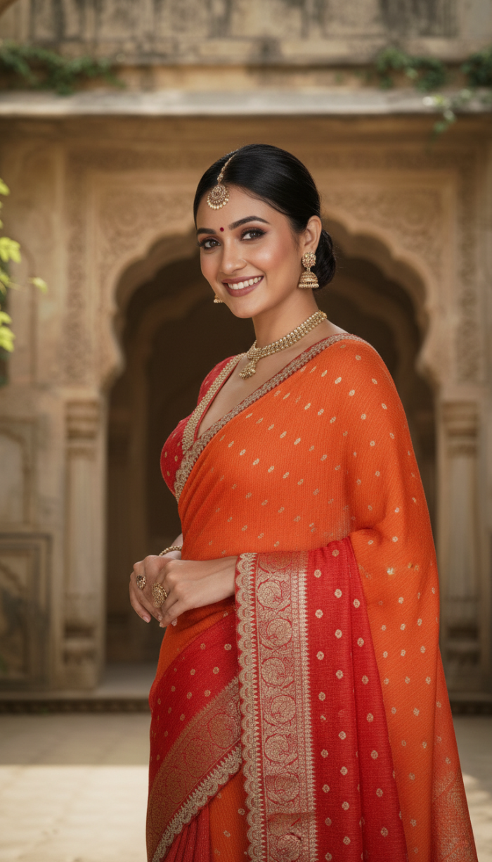 Pure Red Chinon Silk Saree
