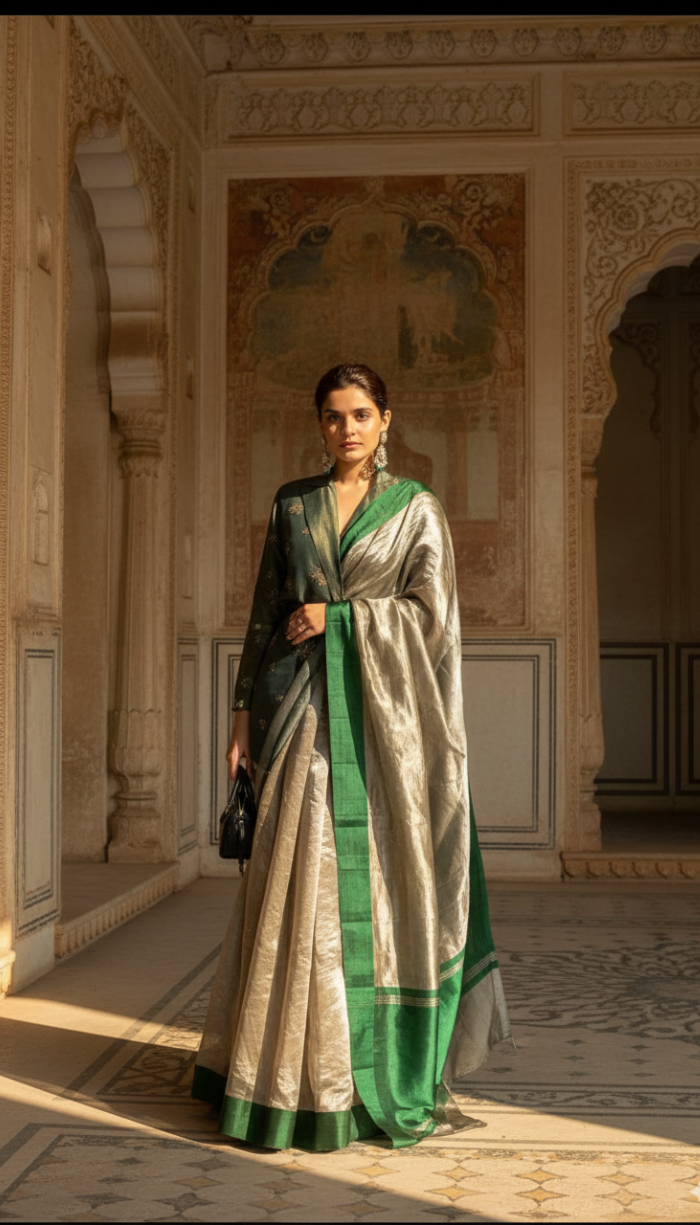 Banarsi Handloom Pure Tissue Silk Satin Green Border Saree