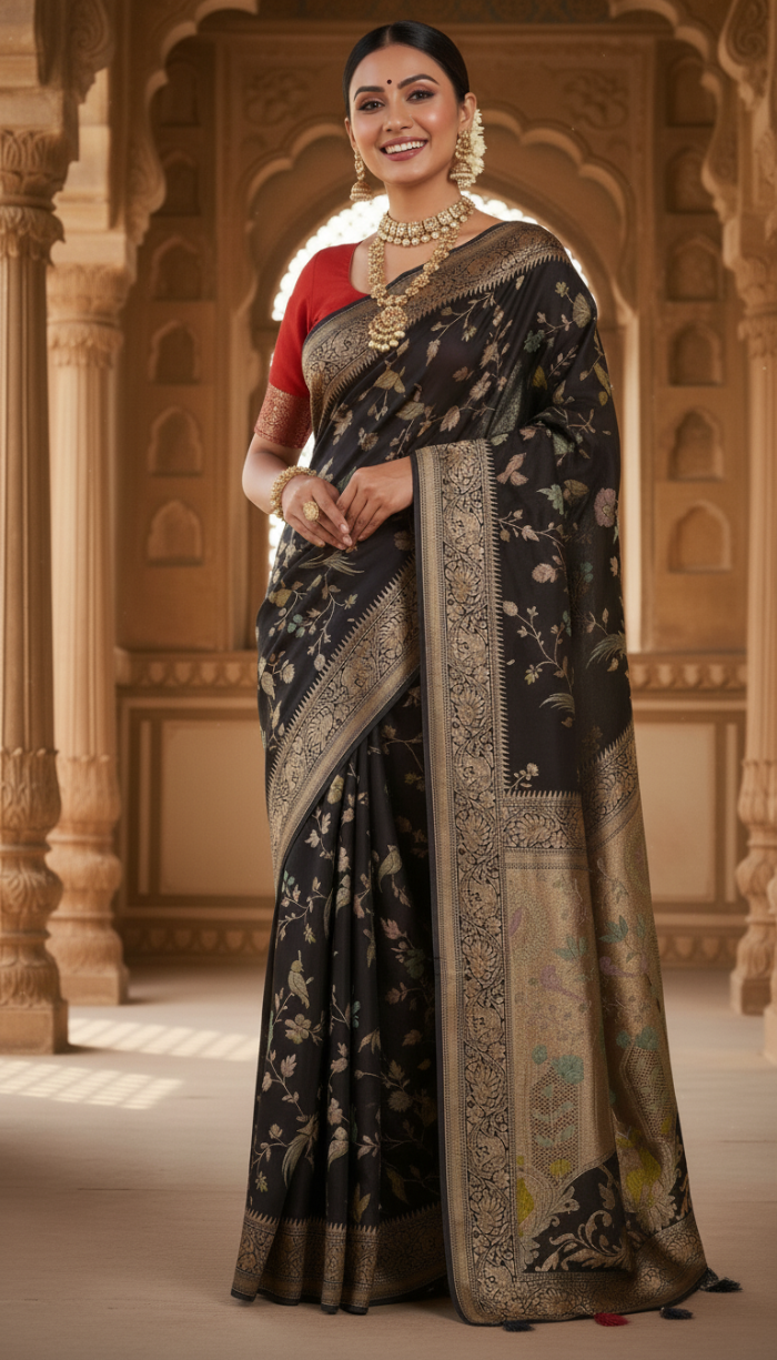 Pure Mashru Black Silk Saree