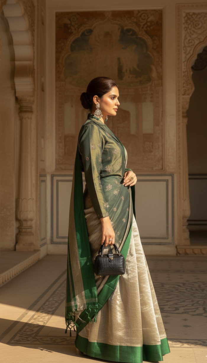 Banarsi Handloom Pure Tissue Silk Satin Green Border Saree