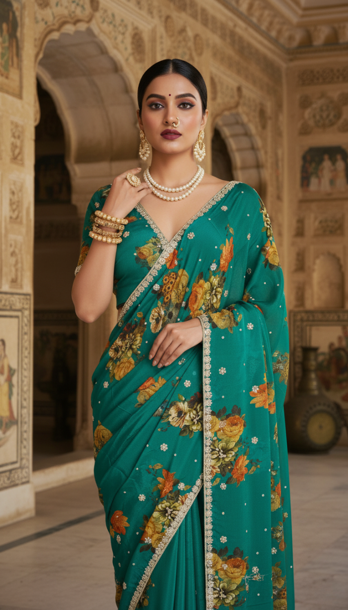 Pure Chinon Crepe Green Silk Saree