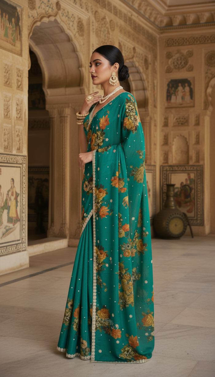 Pure Chinon Crepe Green Silk Saree
