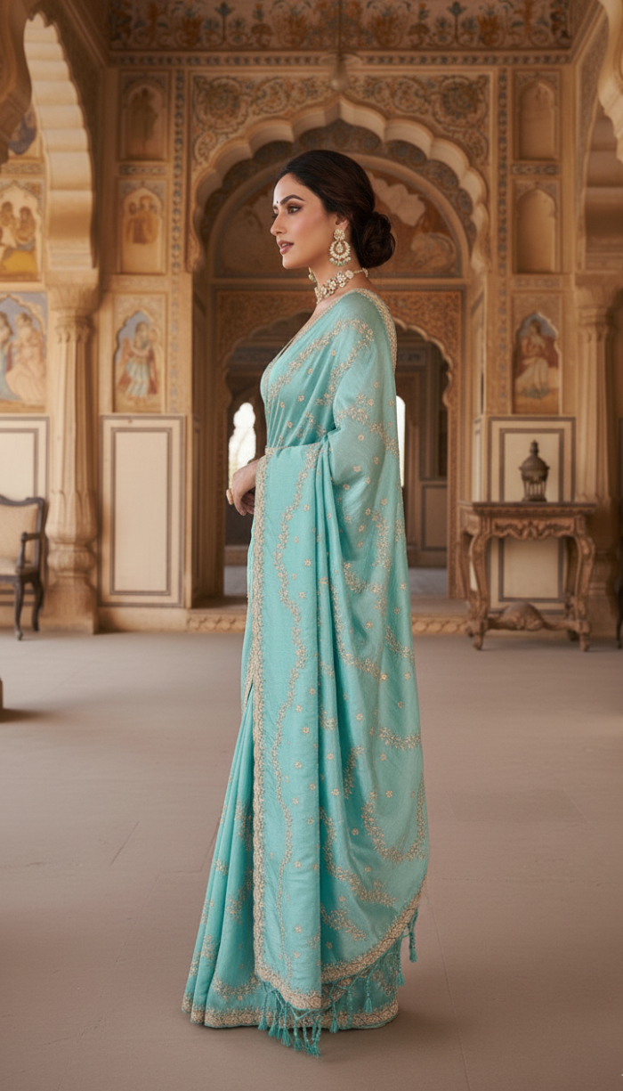 Sea Green Banarasi Zari Tissue Silk Saree