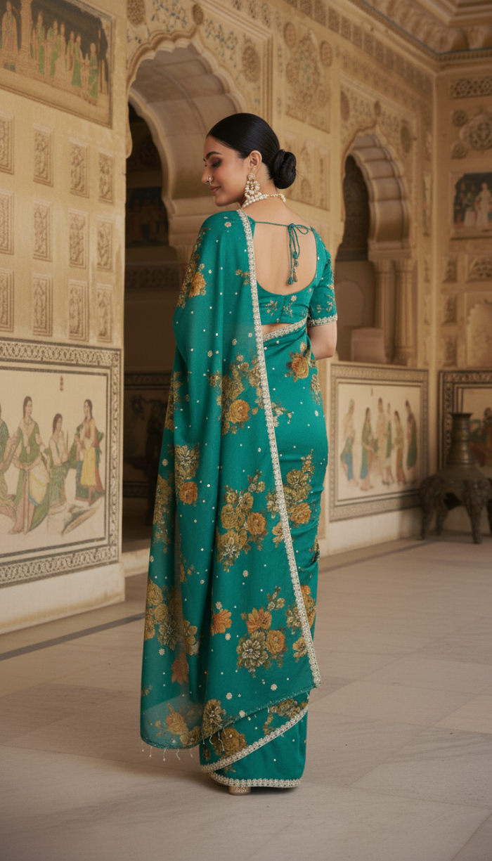 Pure Chinon Crepe Green Silk Saree