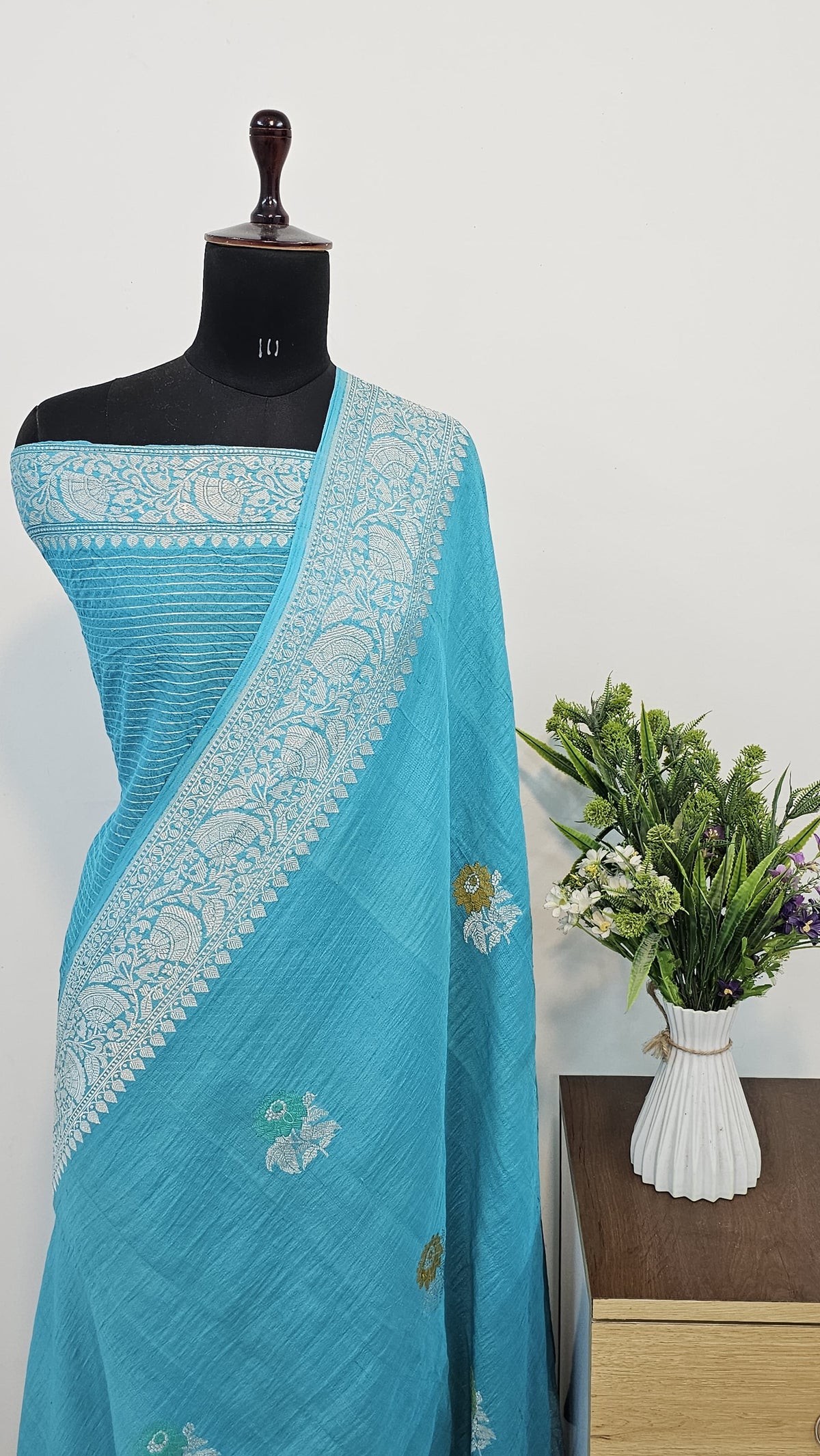 handwoven pure Tusser Blue Georgette khadi saree